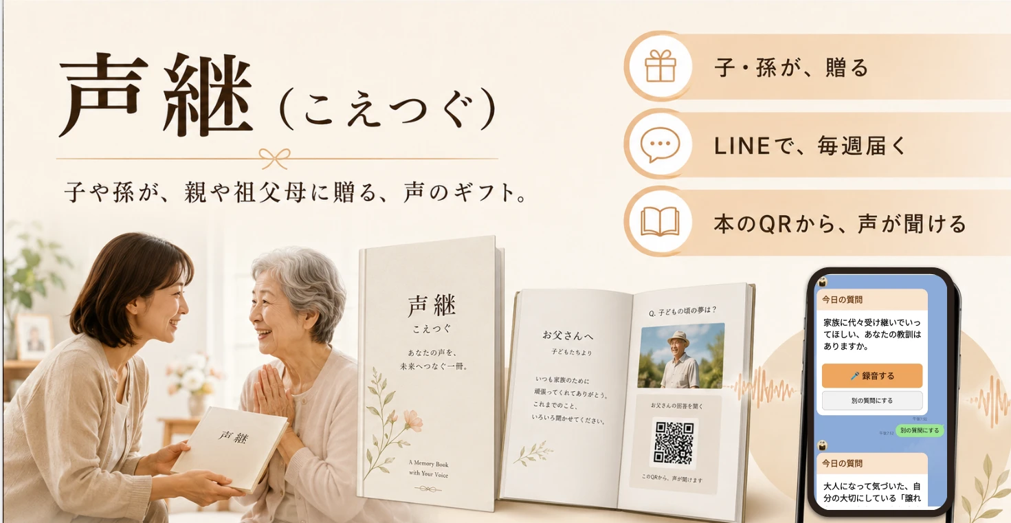 声継（こえつぐ）。子や孫が、親や祖父母に贈る、声のギフト。子・孫が贈る、LINEで毎週届く、本のQRから声が聞ける。